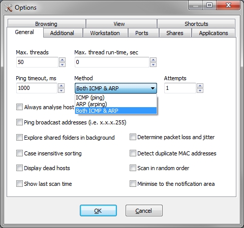 SoftPerfect Network Scanner general options